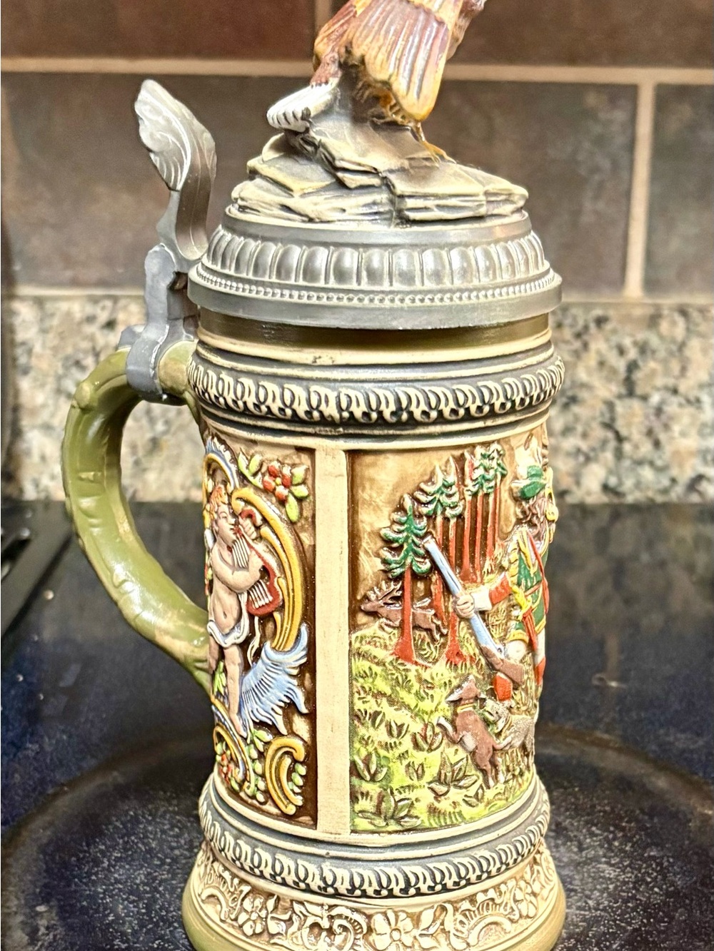 Vintage Ceramic Beer Stein with Pewter Lid Cherubs & Eagle Finial GERZ W Germany